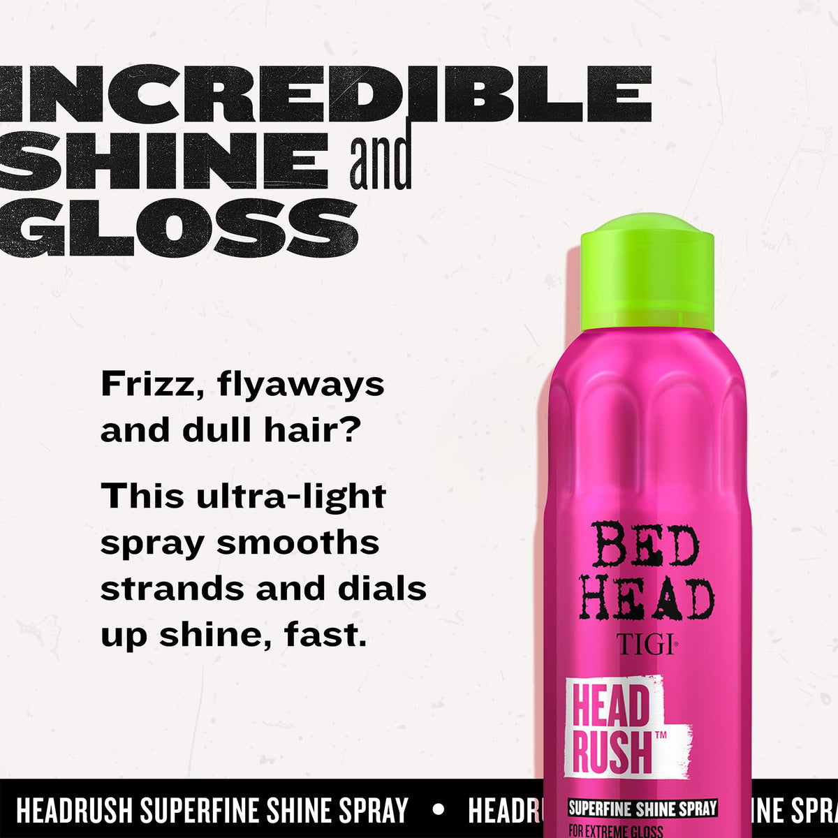 Application du spray brillant Bed Head sur des cheveux lisses
