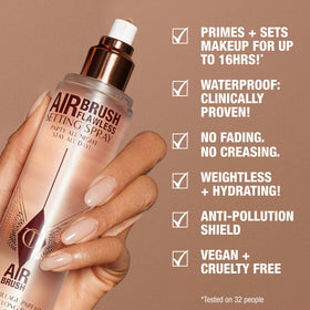 Application du spray fixateur Charlotte Tilbury sur le visage