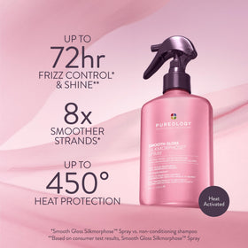 Application du spray Pureology Smooth Gloss Silkmorphose sur cheveux