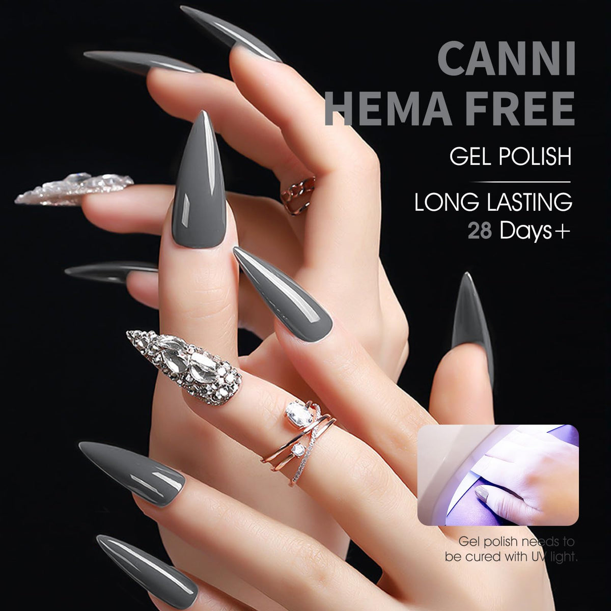 Application du vernis à ongles gel gris foncé CANNI sur des ongles