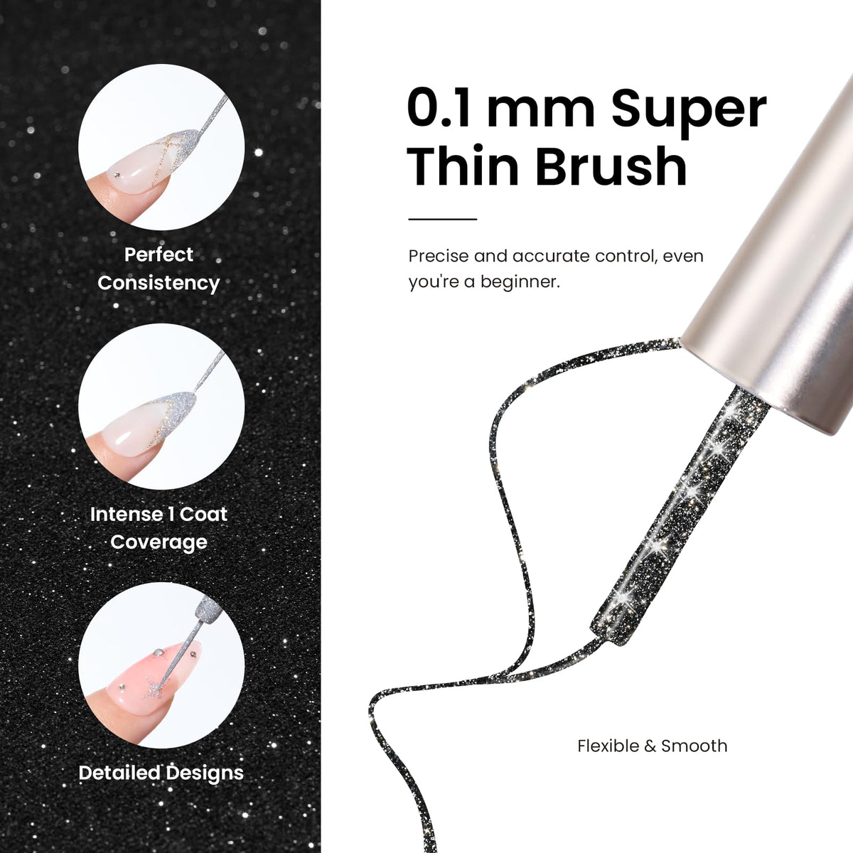 Application du vernis gel pailleté argent sur des ongles