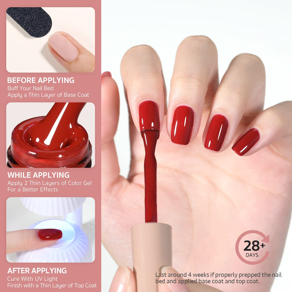 Application du vernis gel rouge rubis sur des ongles