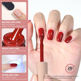 Application du vernis gel rouge rubis sur des ongles
