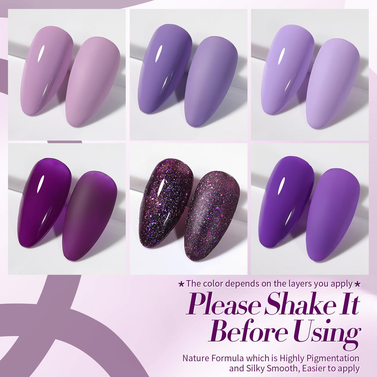 Application du vernis gel violet pailleté sur des ongles