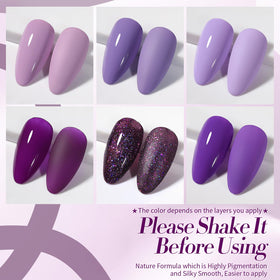Application du vernis gel violet pailleté sur des ongles