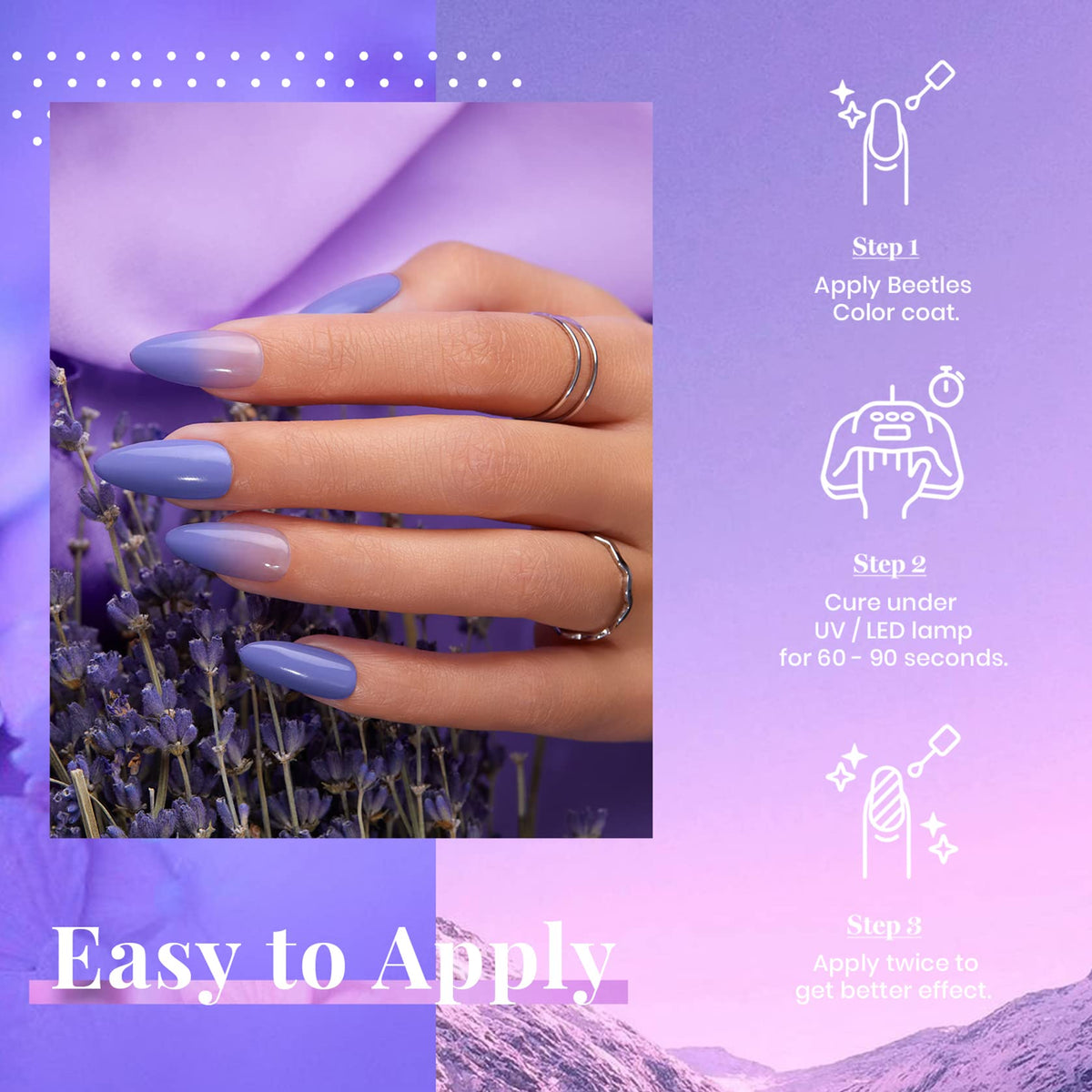 Application du vernis gel violet pâle sur des ongles