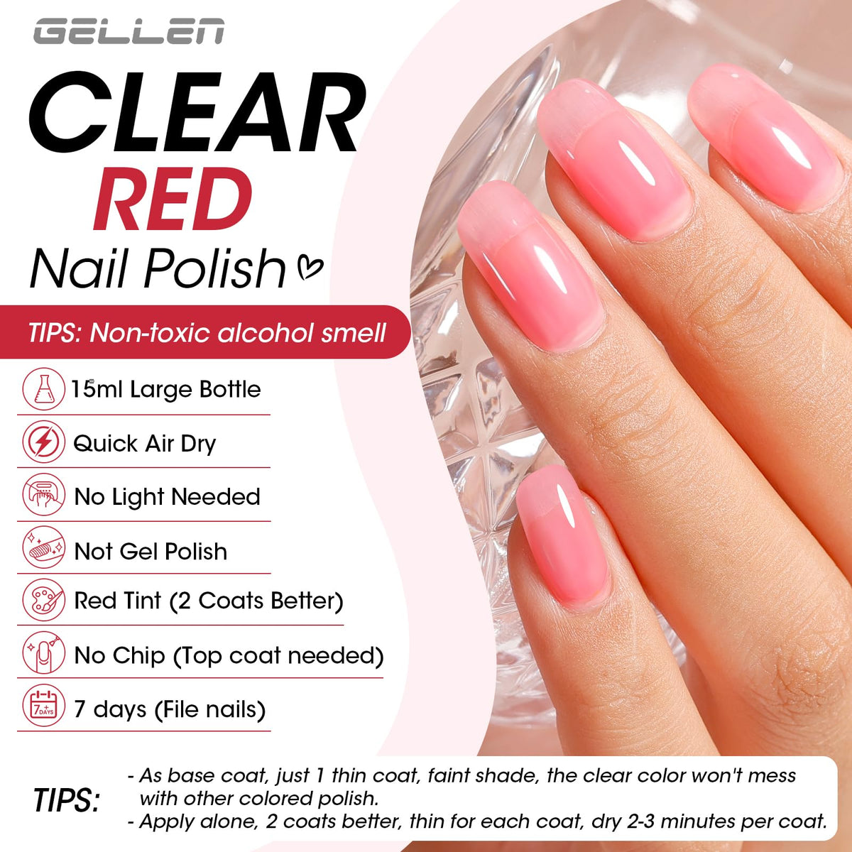 Application du vernis GELLEN sur des ongles, démontrant la teinte rouge