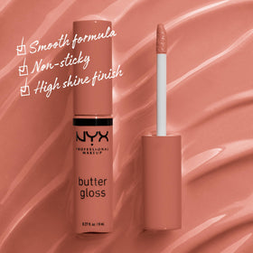 Application of NYX Butter Gloss Brown Sugar on lips