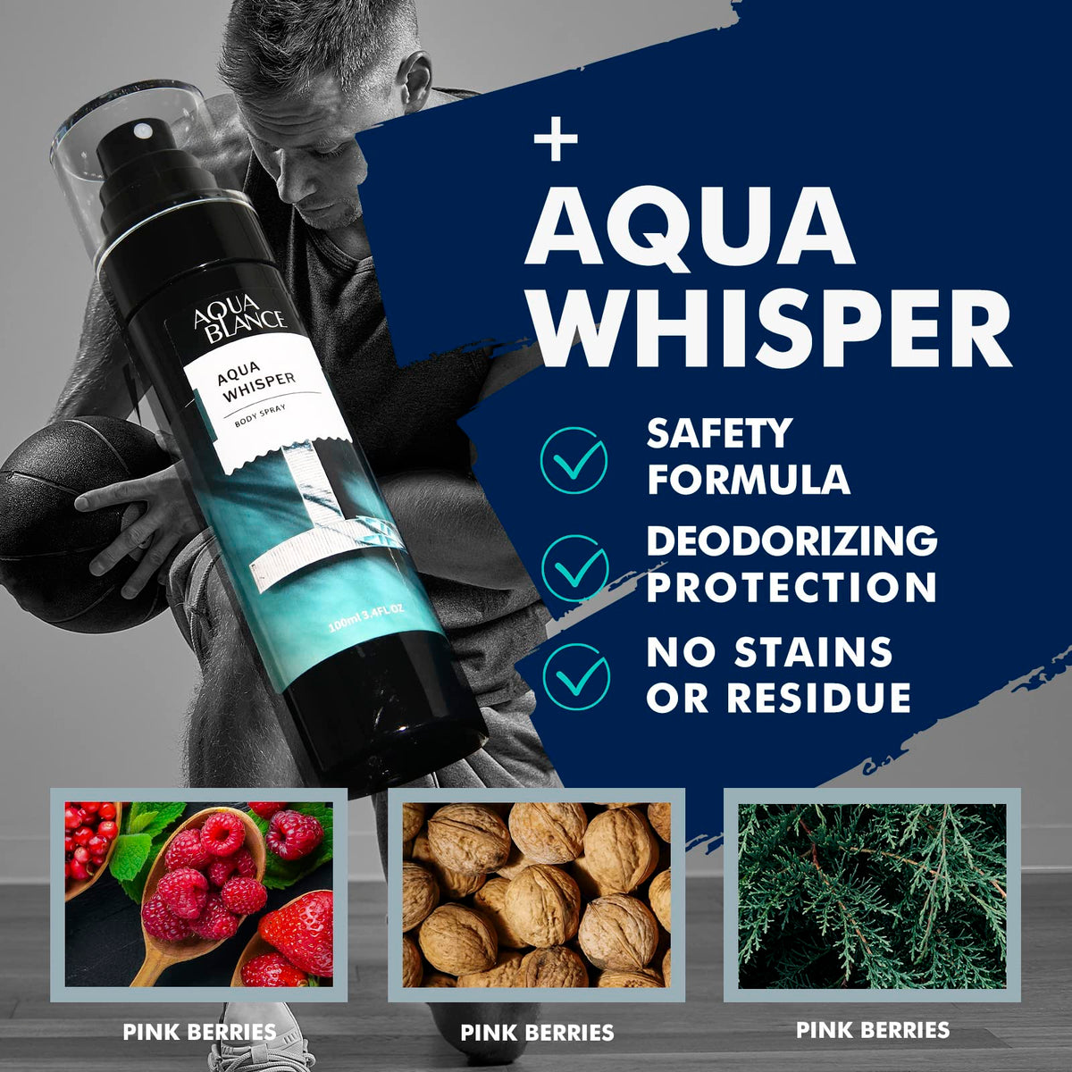 AQUA BLANCE Spray Corporel pour Hommes, côté du flacon avec étiquette