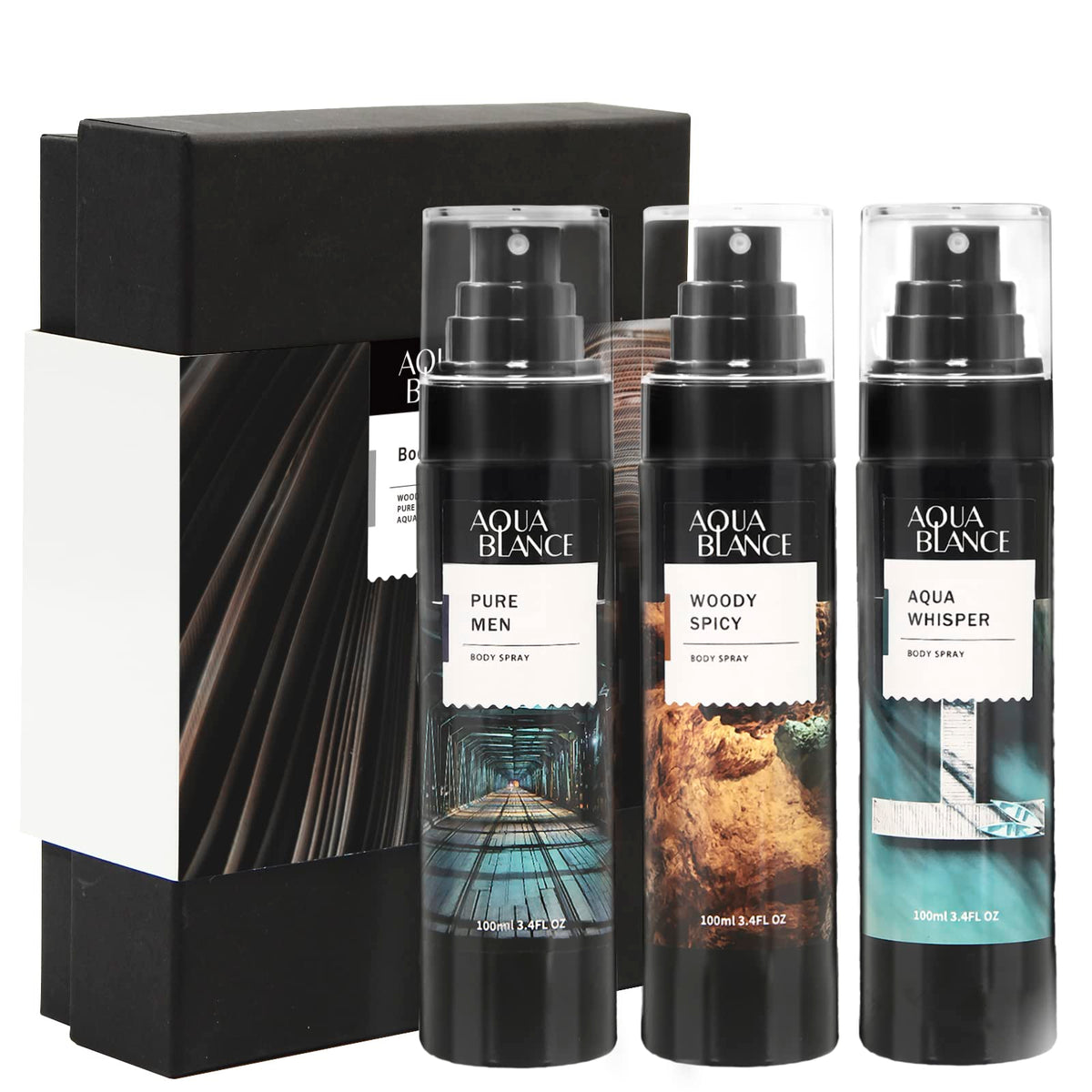 AQUA BLANCE Spray Corporel pour Hommes, flacon avant avec bouchon noir