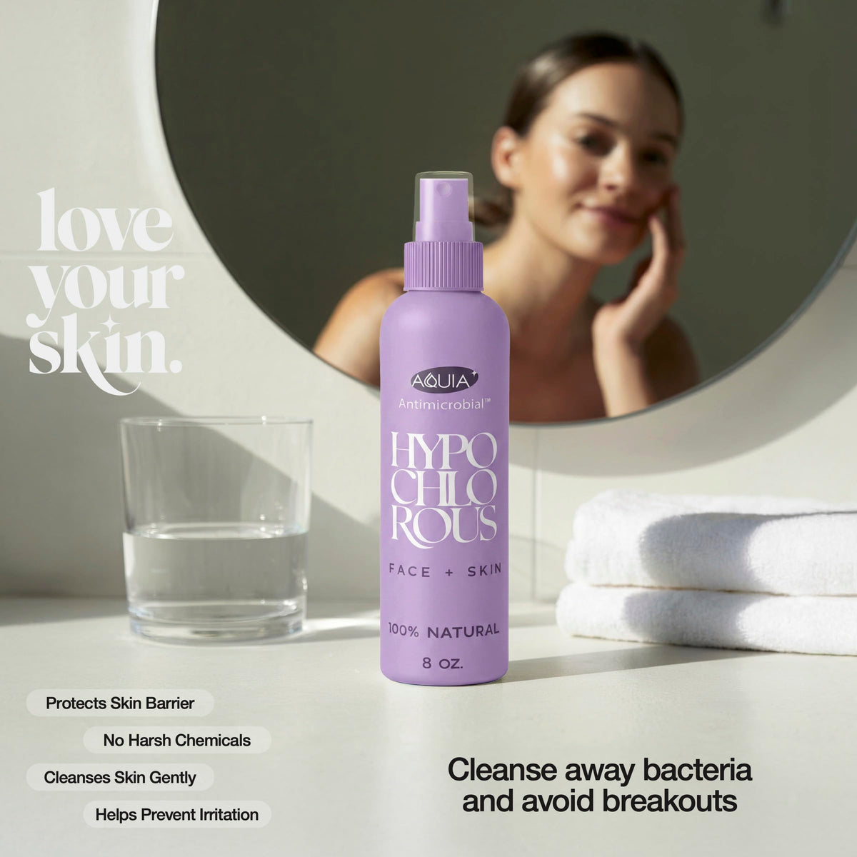 Aquia Spray d'Acide Hypochloreux 240ml sur un comptoir de salle de bain