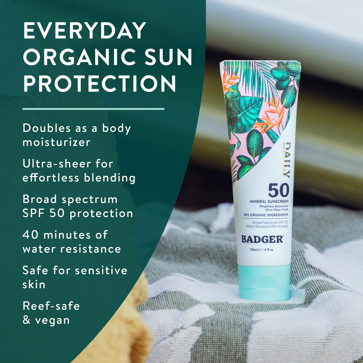 Arrière du tube de crème solaire Badger SPF 50