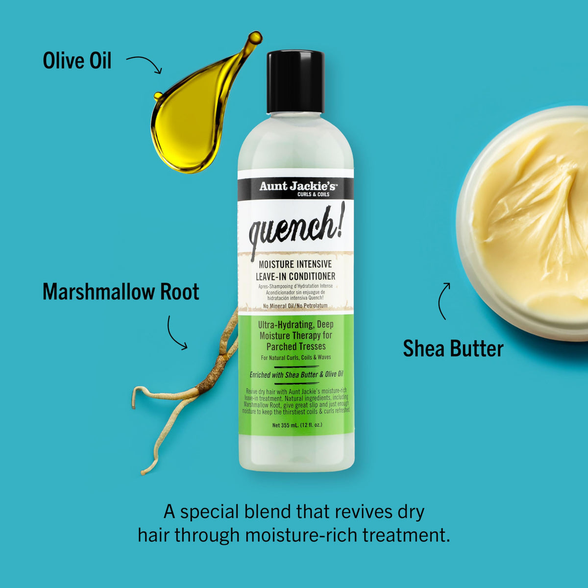 Aunt Jackie's Quench Conditioner 12 oz with ingredients displayed