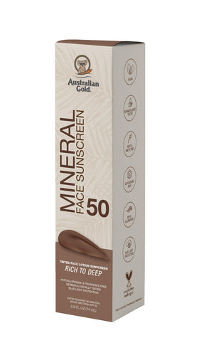 Australian Gold Crème Solaire Minérale Teintée SPF 50 application sur le visage