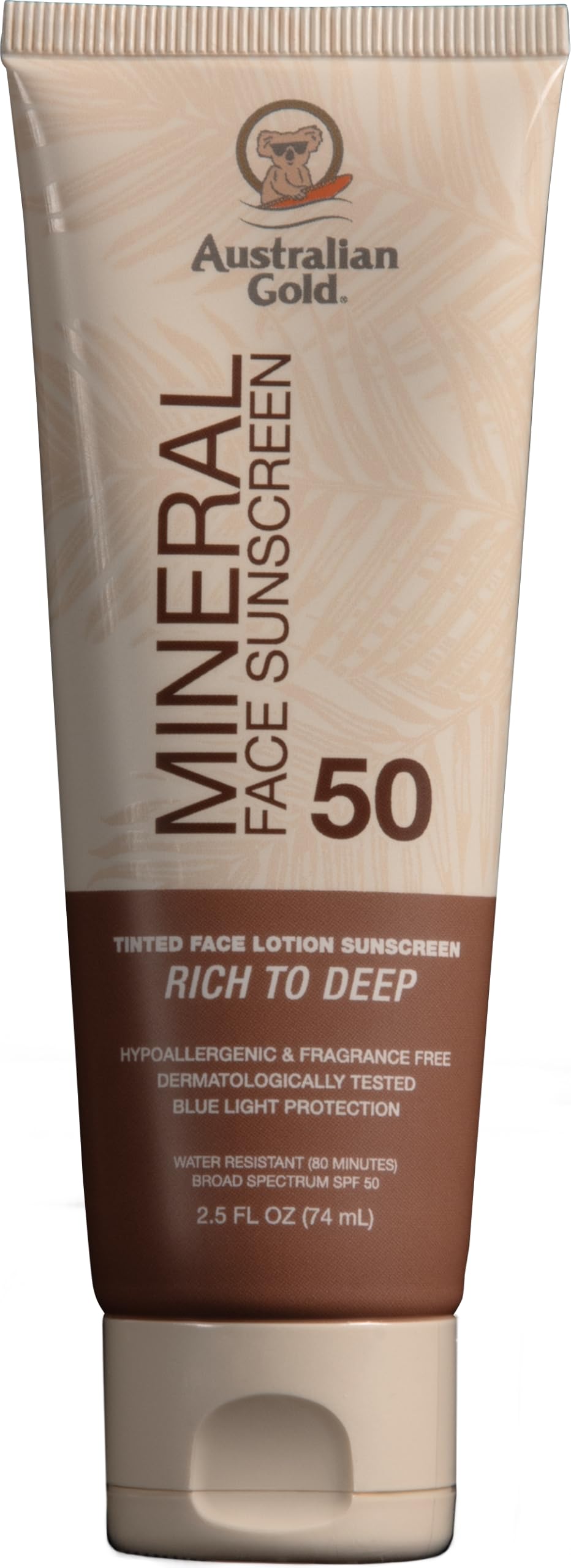 Australian Gold Crème Solaire Minérale Teintée SPF 50 avant avec emballage