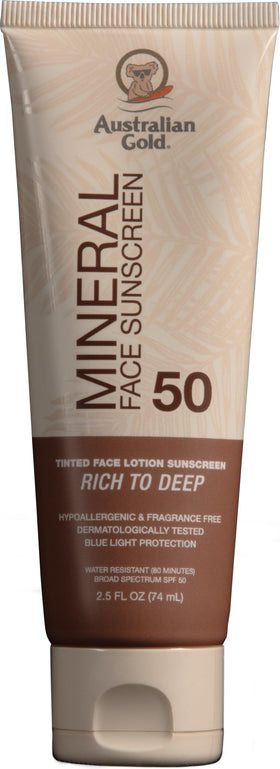 Australian Gold Crème Solaire Minérale Teintée SPF 50 avant avec emballage