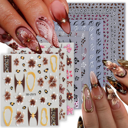 Autocollants d'art des ongles STZPRONAIL 10 feuilles avec designs léopard et hibiscus