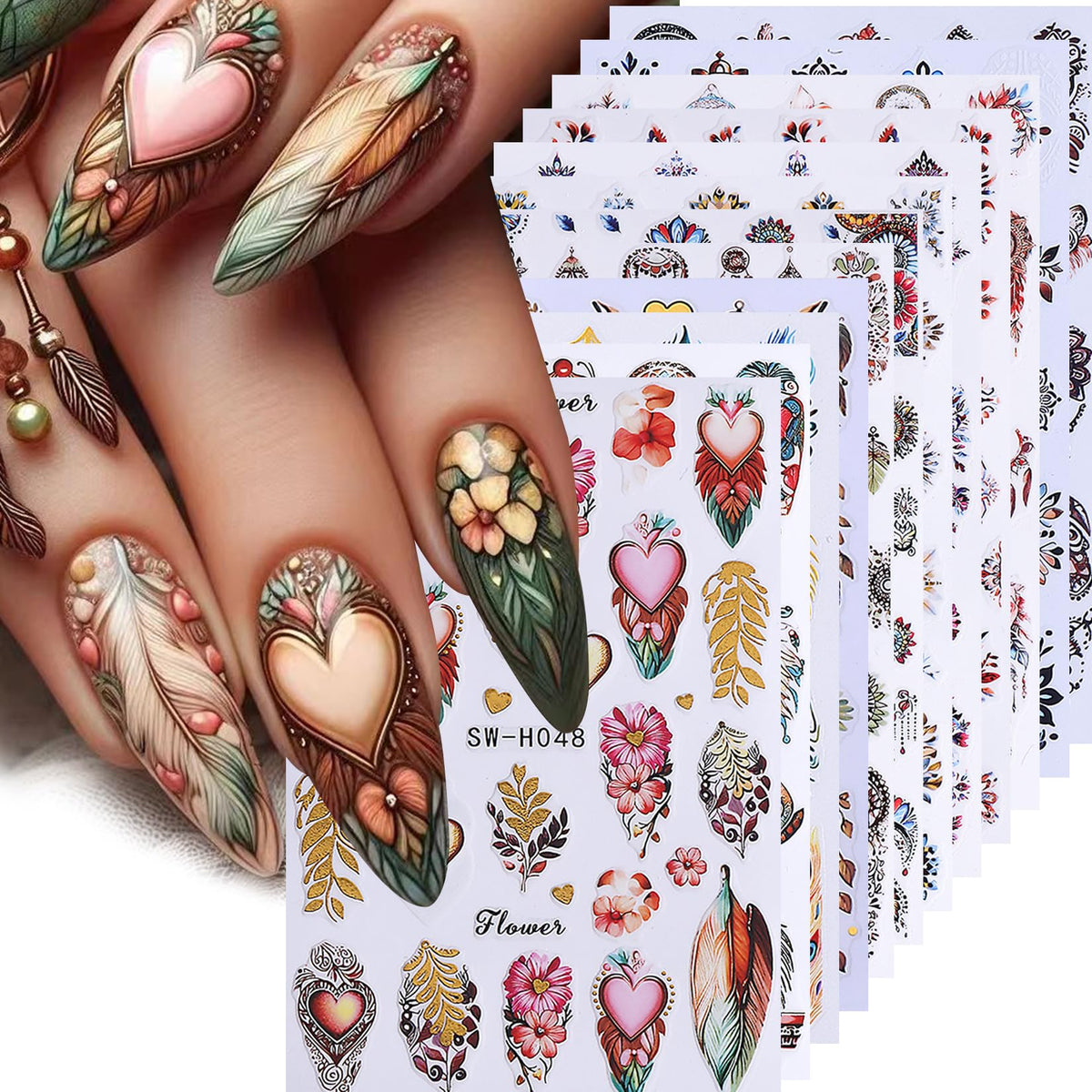 Autocollants d'ongles 3D Boho STZPRONAIL, 12 feuilles avec motifs variés