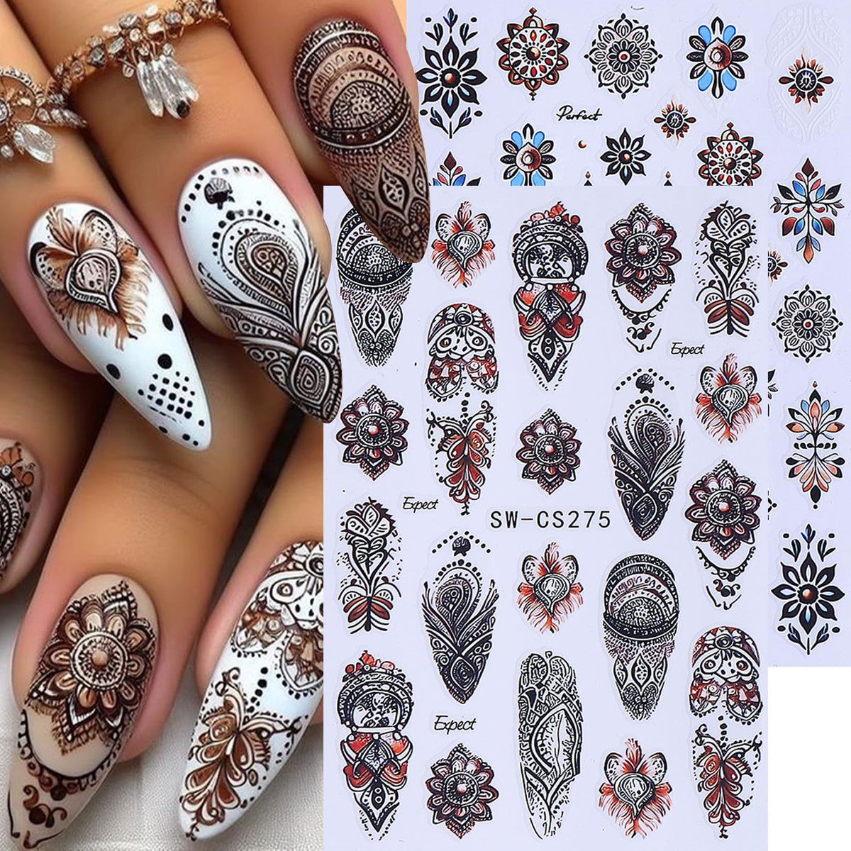 Autocollants d'ongles 3D Boho STZPRONAIL sur un fond coloré