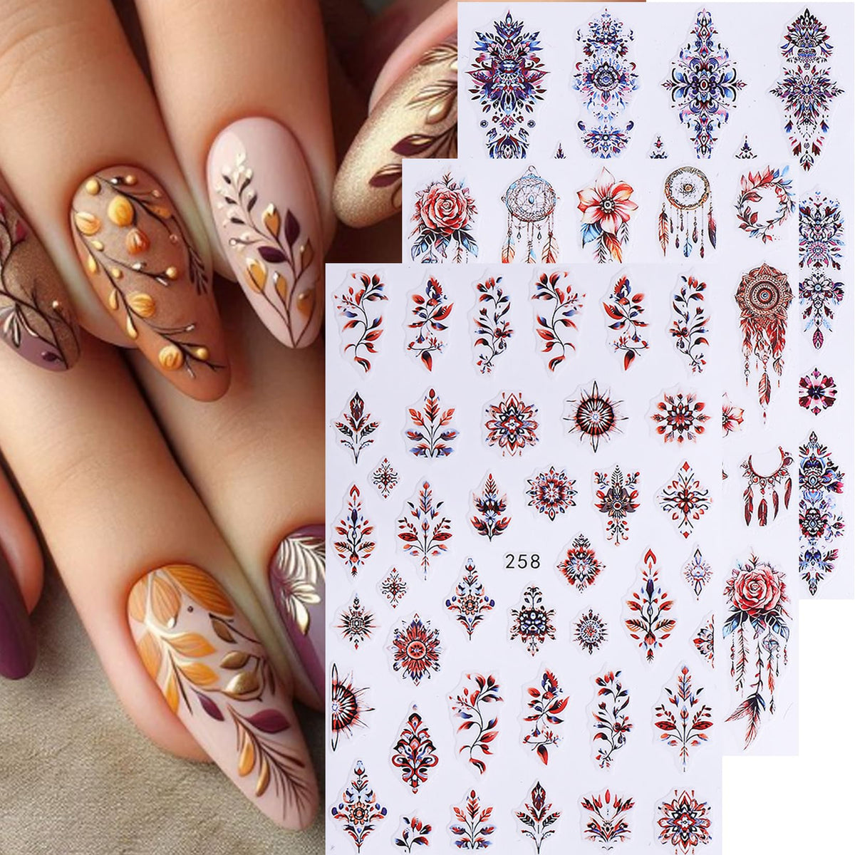 Autocollants d'ongles 3D Boho sur des ongles naturels