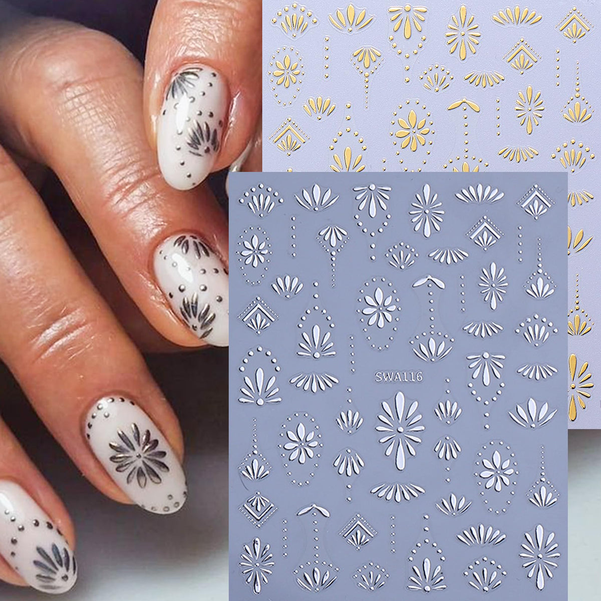 Autocollants métalliques pour ongles, présentation de plusieurs designs