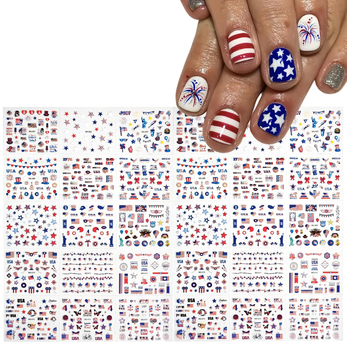 Autocollants pour ongles 4 Juillet avec motifs variés