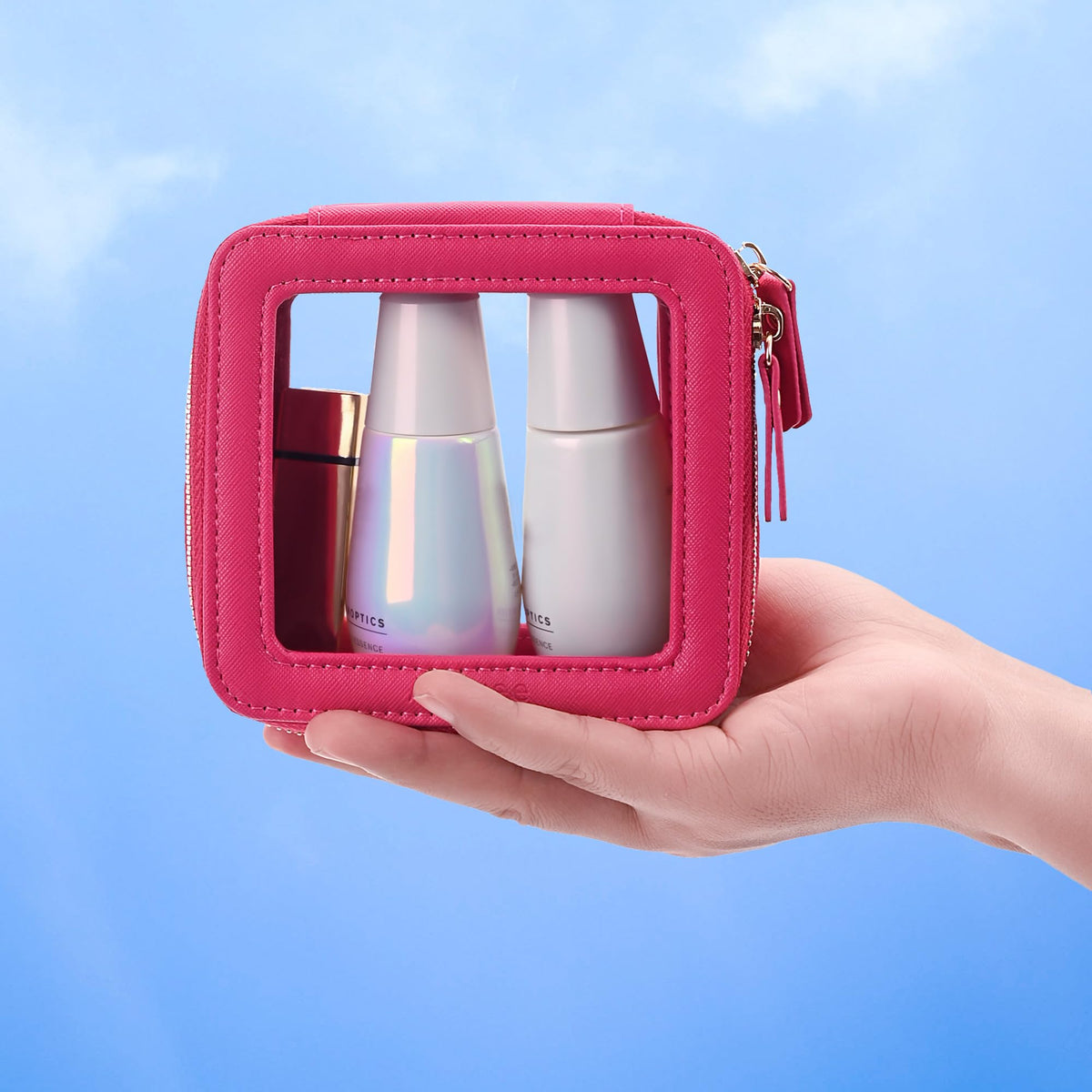 Aveniee Mini Sac de Maquillage Transparent ouvert avec produits de beauté
