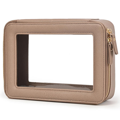Aveniee Organiseur de Maquillage Transparent vue avant en cuir PU taupe