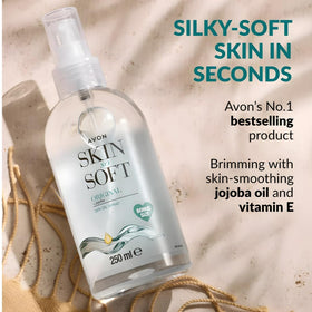 AVON SKIN SO SOFT Huile sèche Jojoba 250ML avec mise en scène sur une serviette