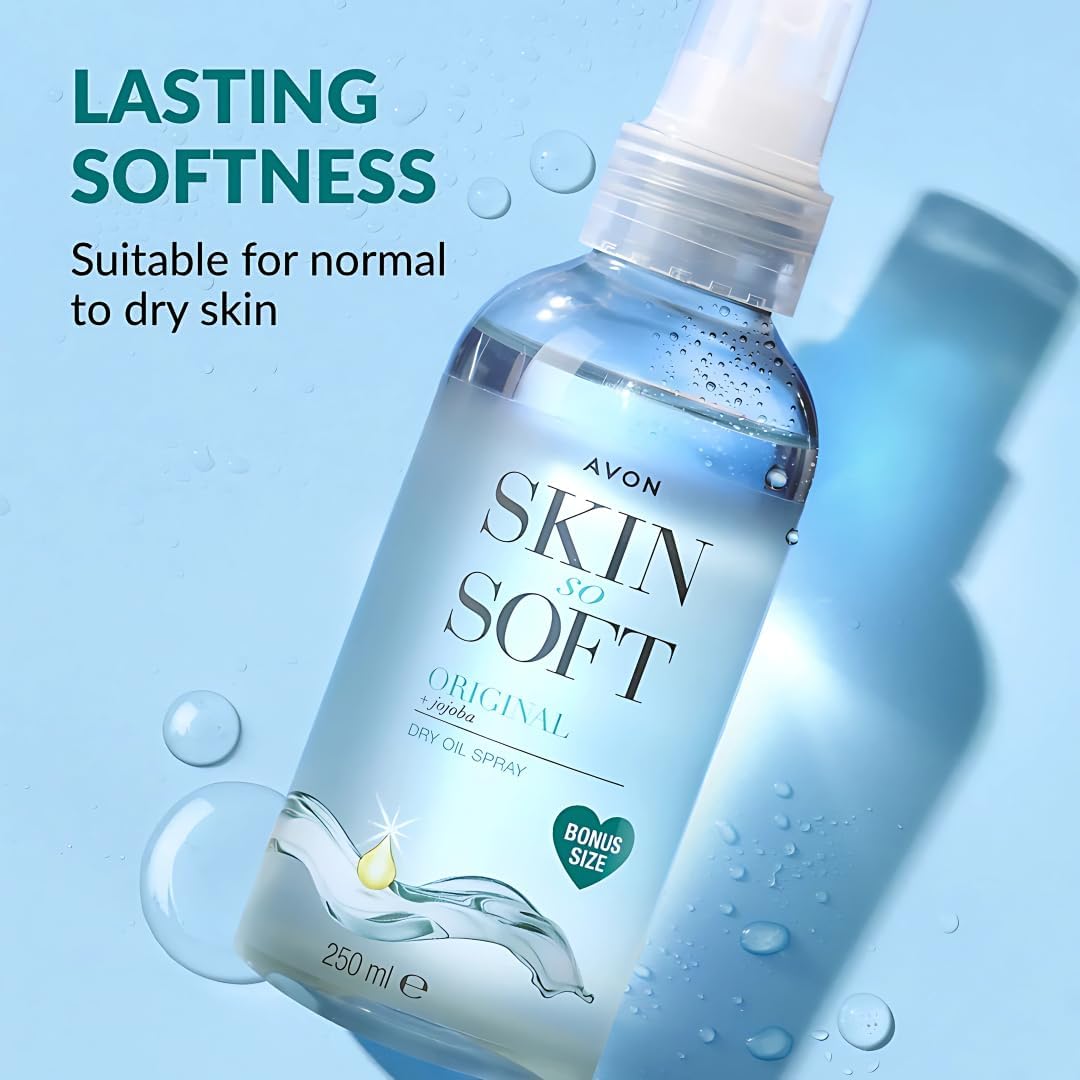 AVON SKIN SO SOFT Huile sèche Jojoba 250ML en utilisation sur peau