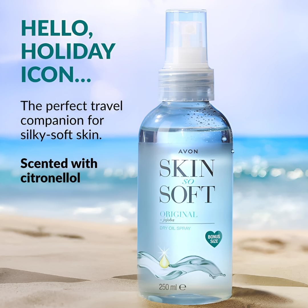 AVON SKIN SO SOFT Huile sèche Jojoba 250ML sur un meuble de salle de bain