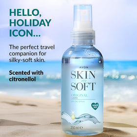 AVON SKIN SO SOFT Huile sèche Jojoba 250ML sur un meuble de salle de bain