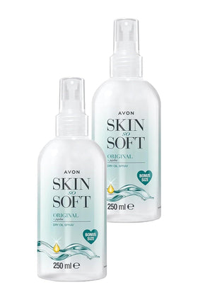 AVON SKIN SO SOFT Huile sèche Jojoba 250ML vue avant avec pulvérisateur