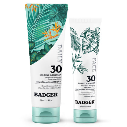 Badger Crème Solaire Minérale SPF 30 240g avant et arrière de l'emballage