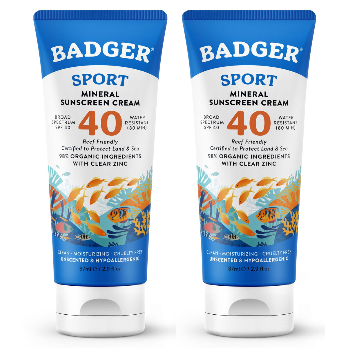 Badger Crème Solaire Minérale SPF 40 tube avant et arrière