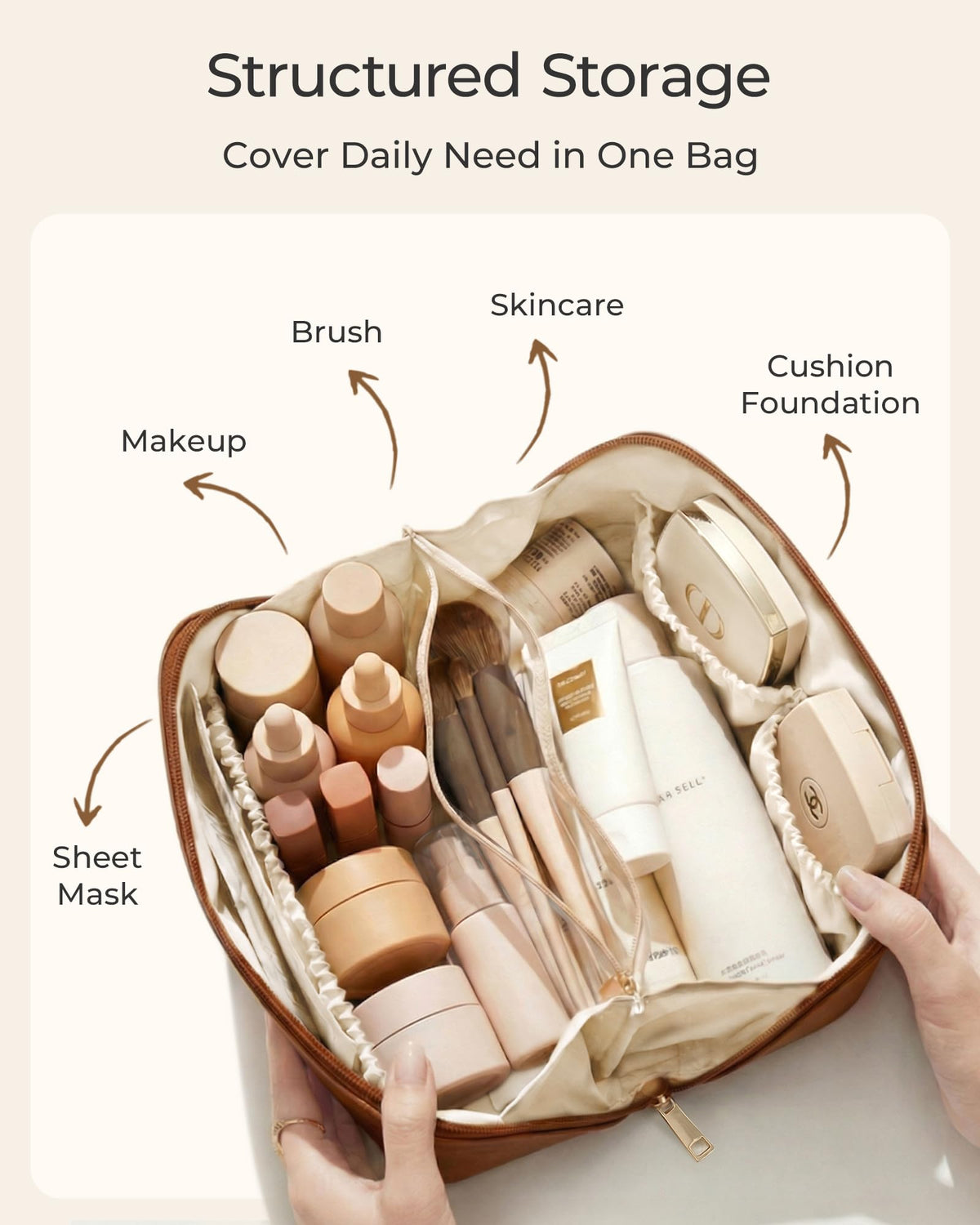 BAGSMART trousse de maquillage ouverte avec cosmétiques organisés