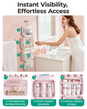 BAGSMART trousse de toilette en position suspendue avec produit de beauté à l'intérieur
