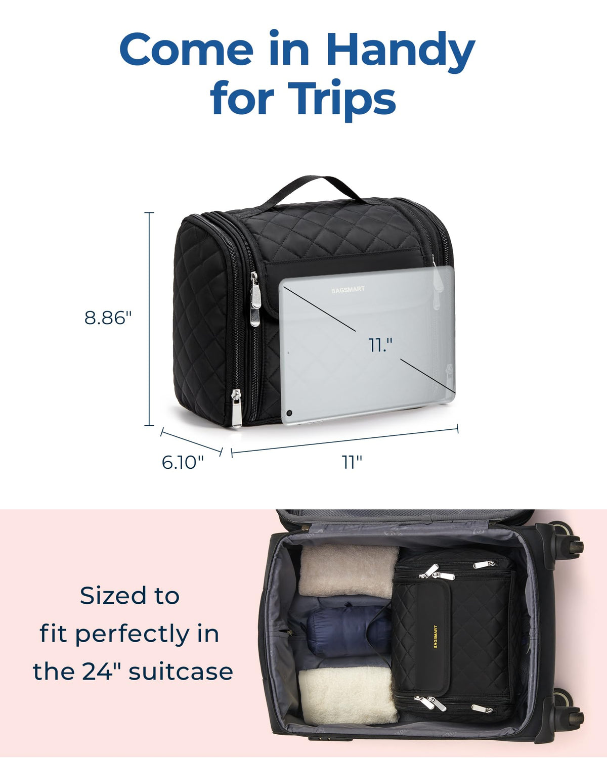 BAGSMART trousse de toilette femme en usage dans une salle de bain