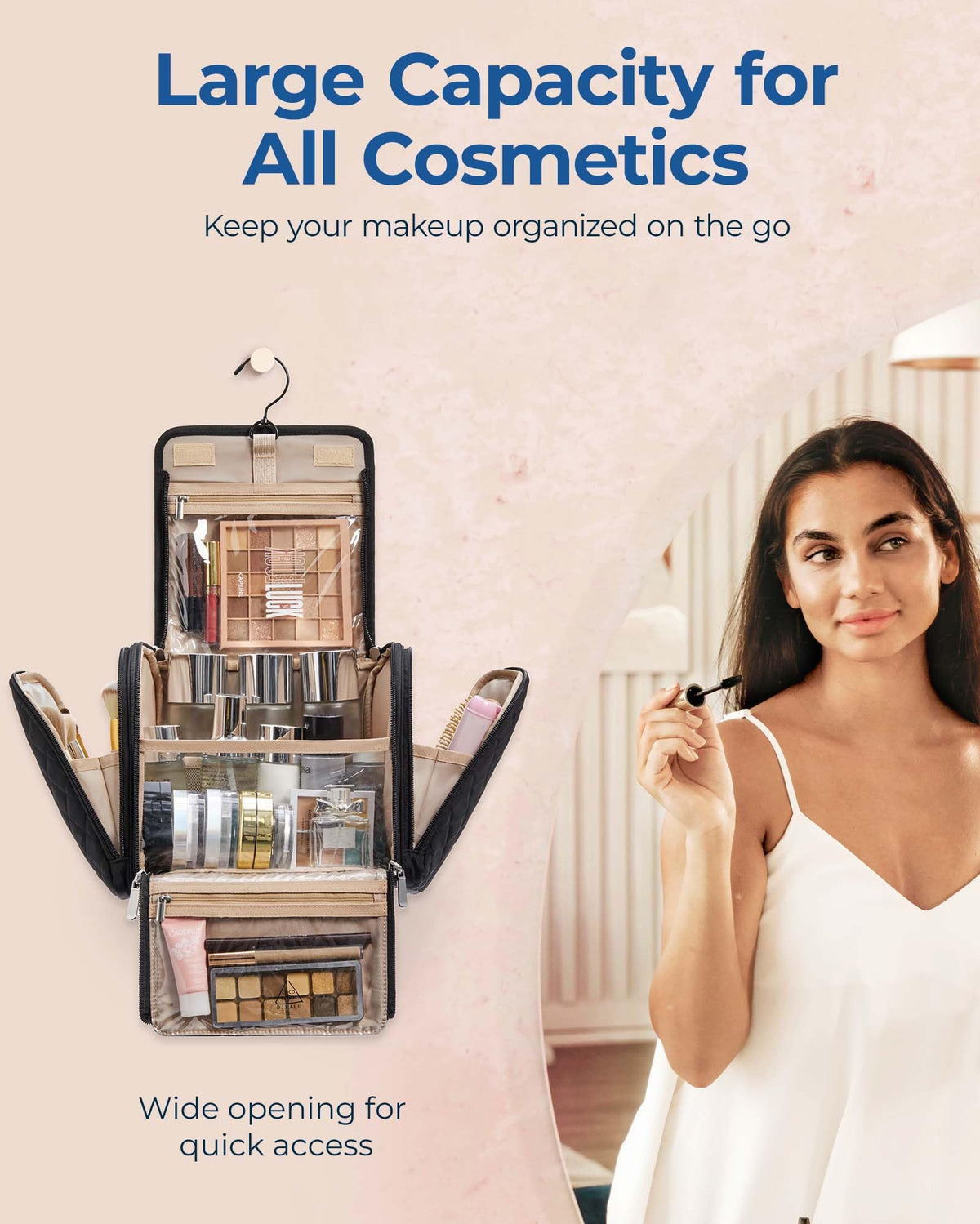 BAGSMART trousse de toilette femme ouverte montrant les poches transparentes