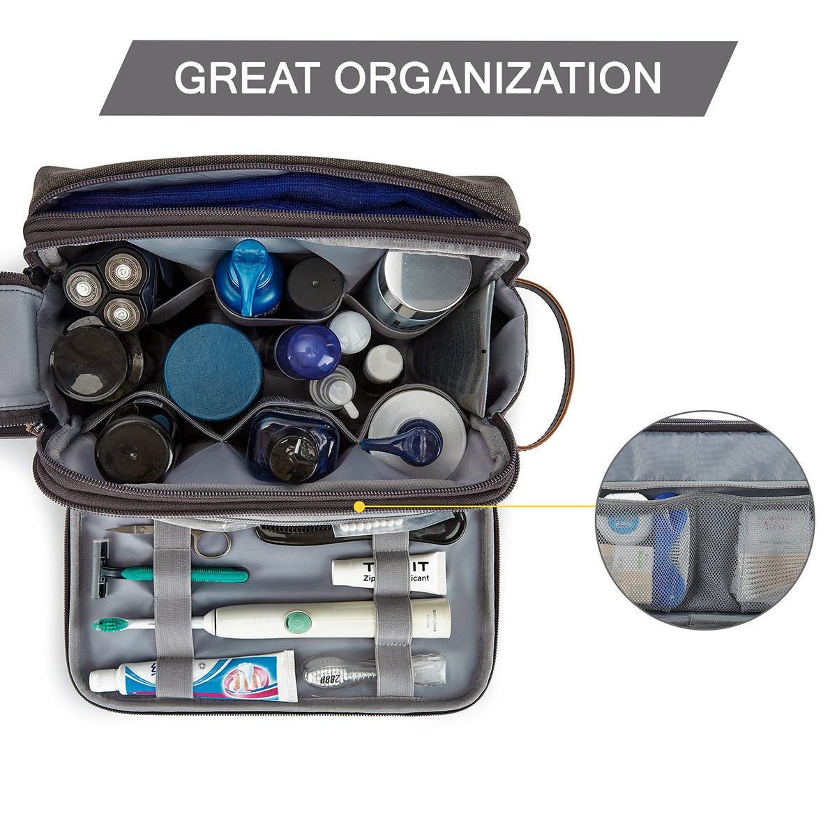 BAGSMART trousse de toilette grise avec poignée en cuir