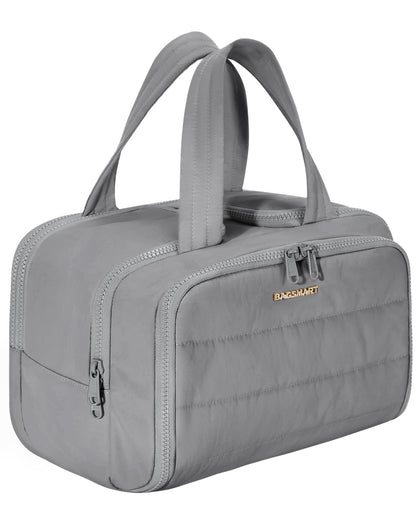 BAGSMART trousse de toilette grise vue de face avec 4 compartiments