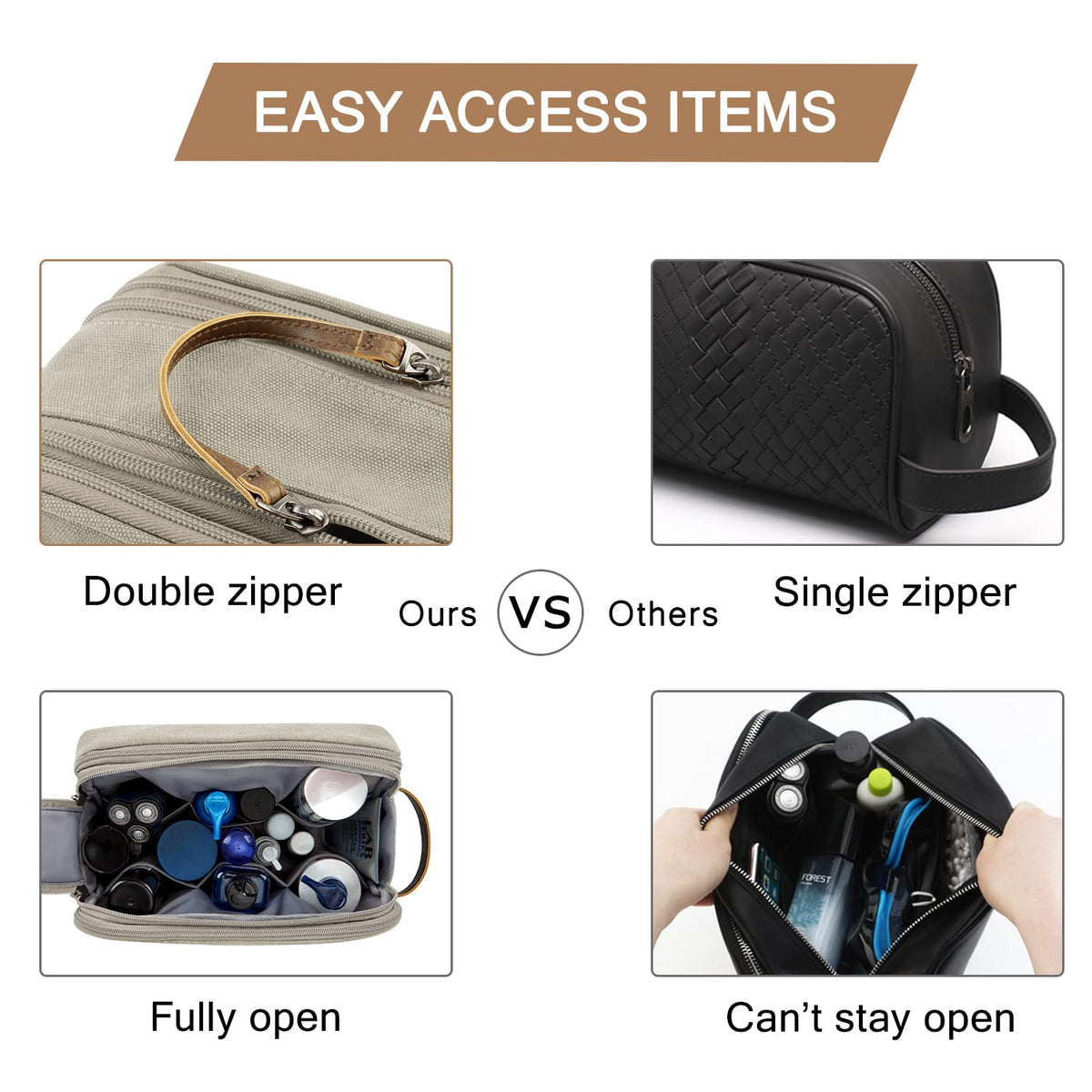 BAGSMART trousse de toilette homme beige avec poignée en cuir