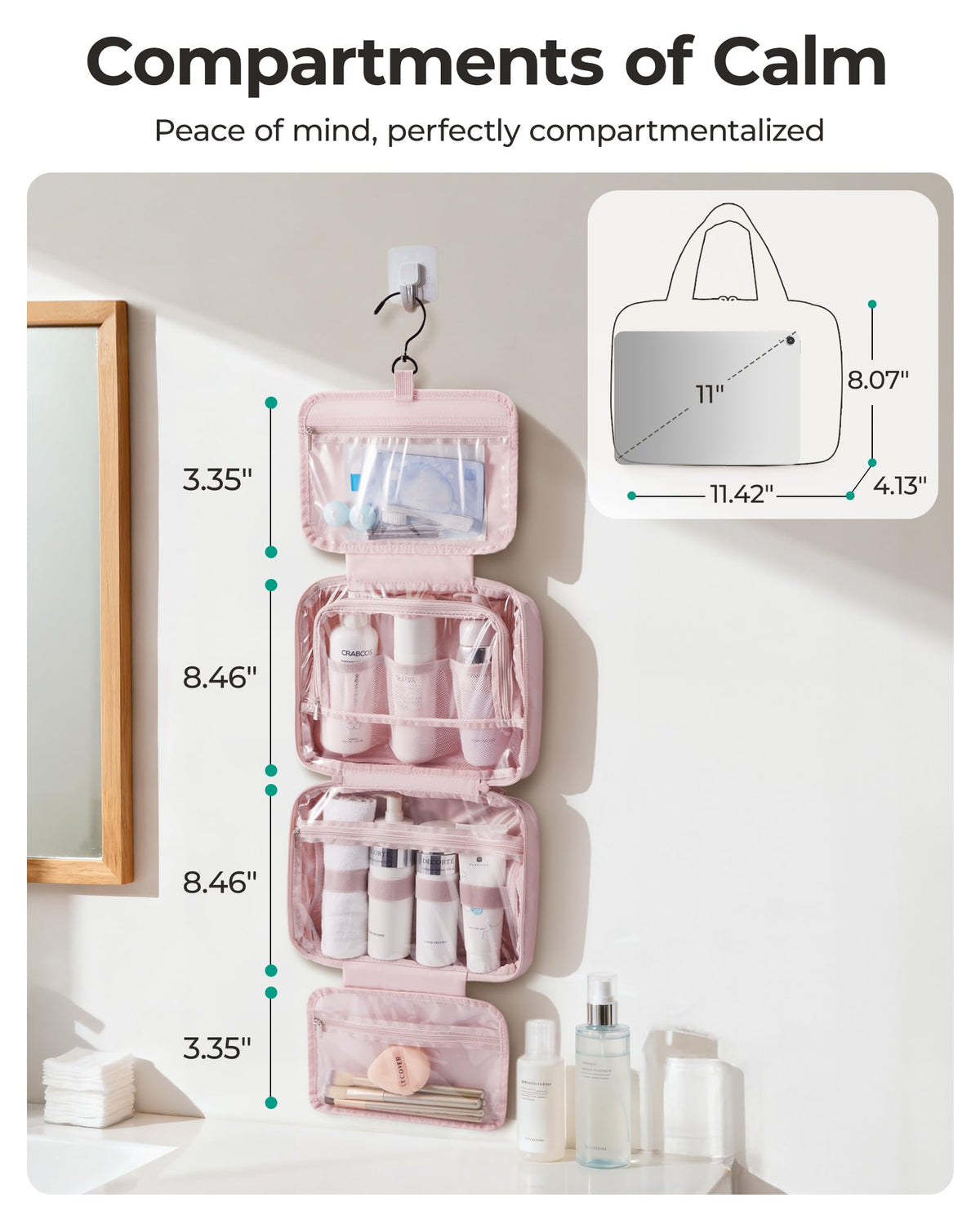 BAGSMART trousse de toilette ouverte montrant les poches et compartiments