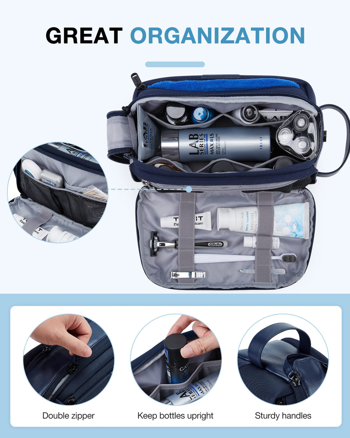 BAGSMART trousse de toilette ouverte montrant les poches intérieures