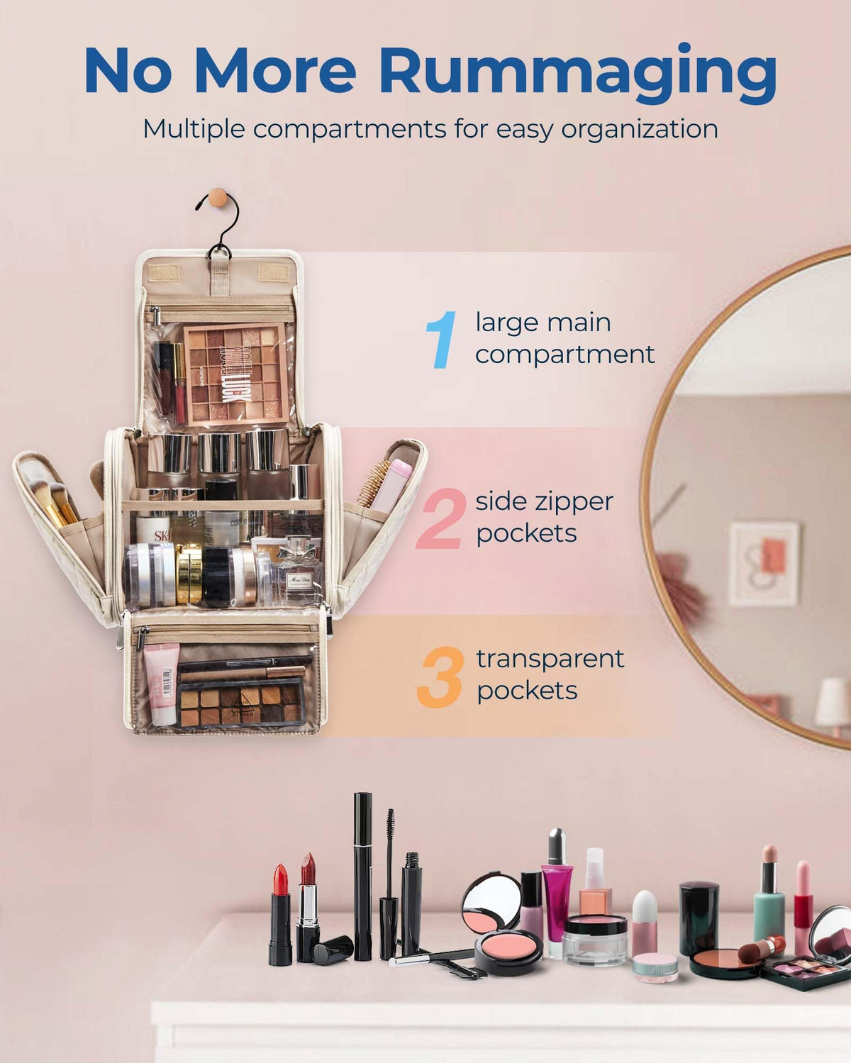 BAGSMART trousse de toilette ouverte montrant les poches intérieures et les élastiques