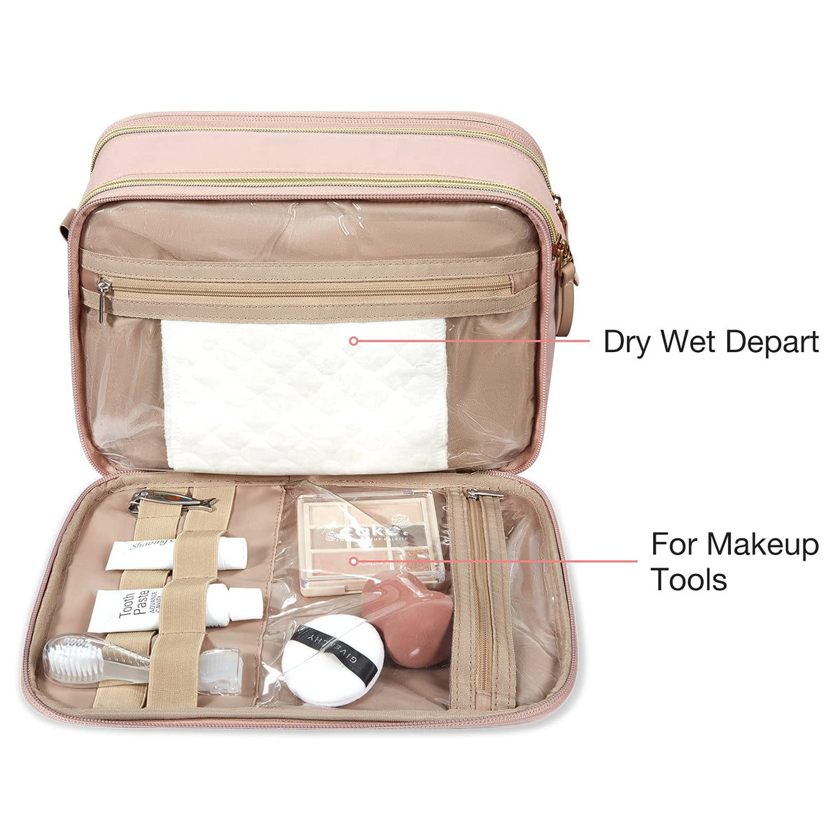 BAGSMART trousse de toilette rose avec compartiment transparent pour articles humides