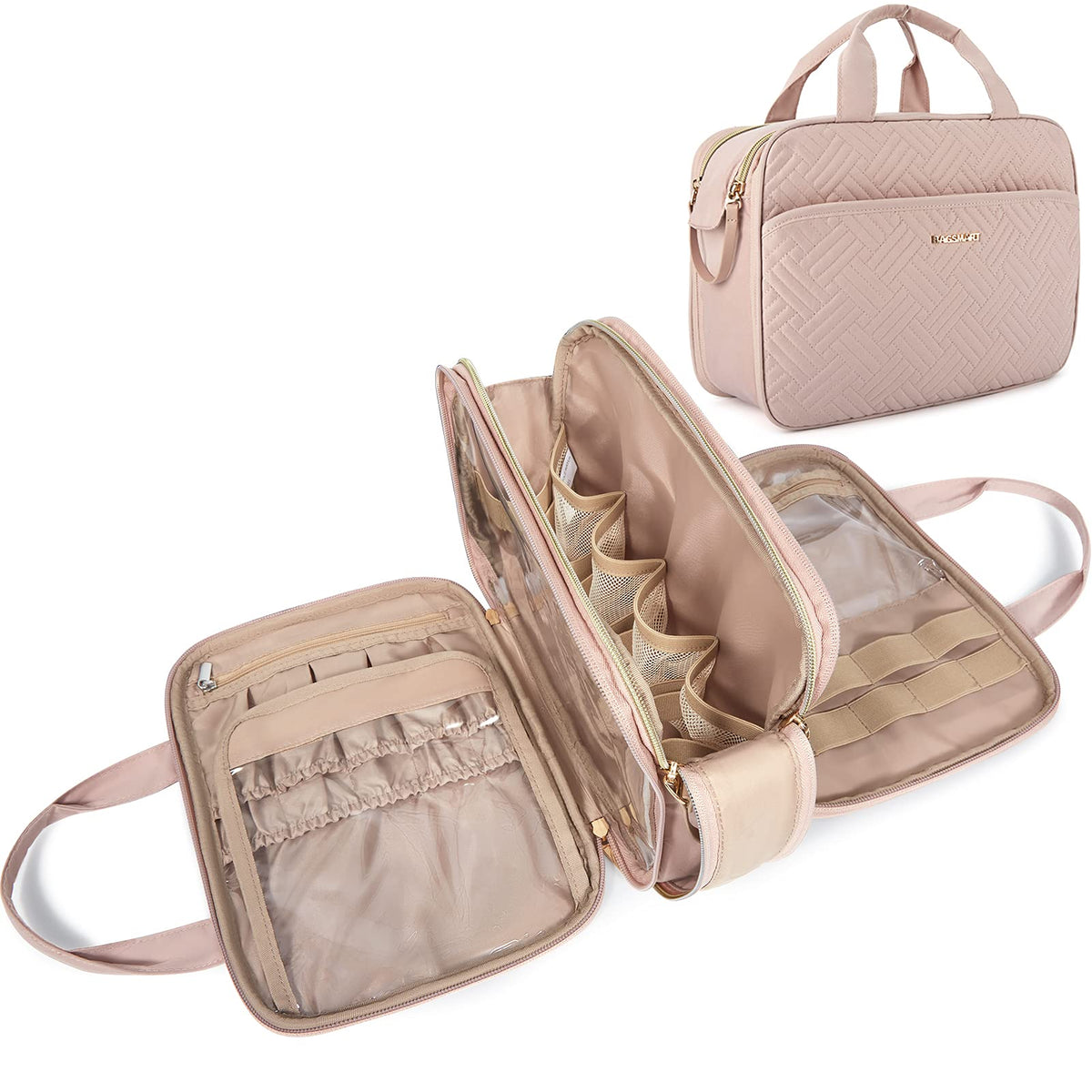 BAGSMART trousse de toilette rose vue de face avec compartiments ouverts
