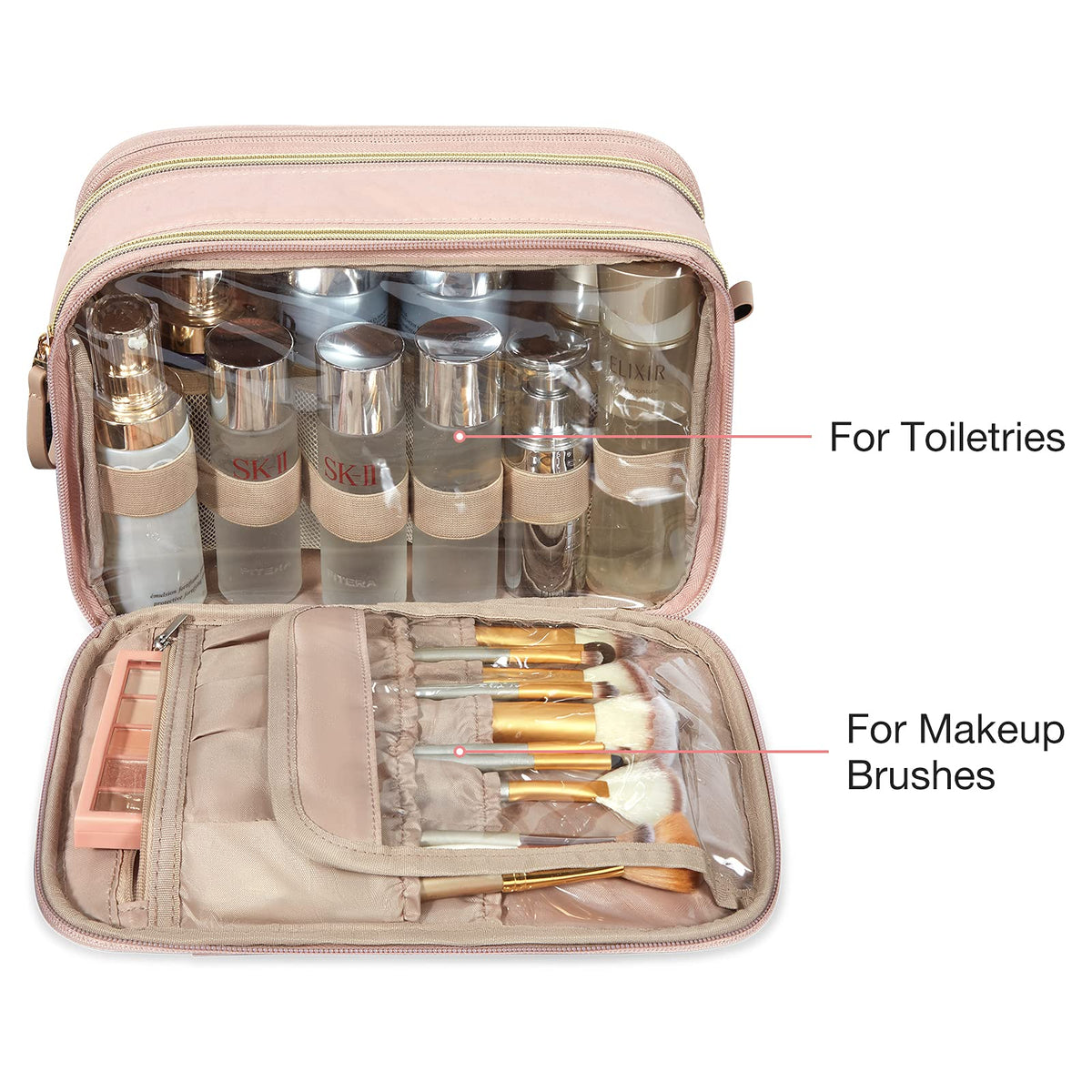 BAGSMART trousse de toilette rose vue latérale avec design à double ouverture