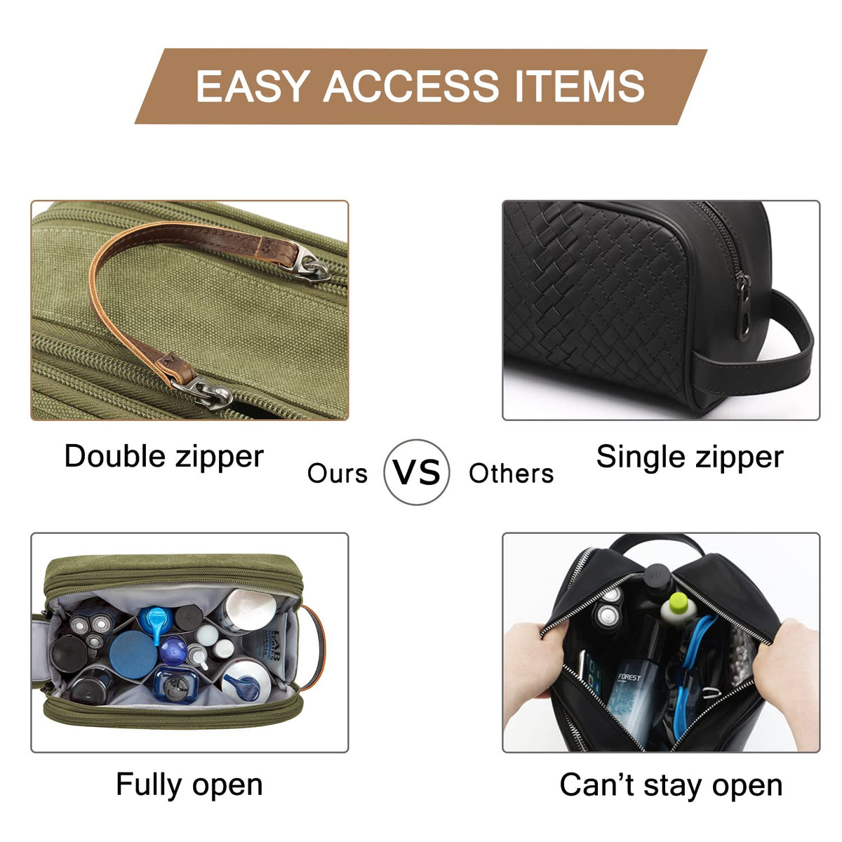 BAGSMART trousse de toilette verte avec poches à fermeture éclair