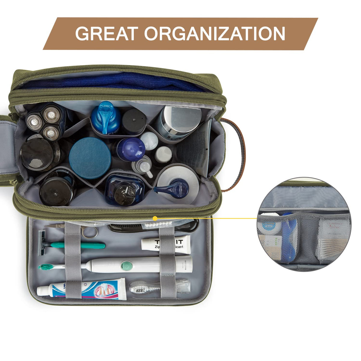 BAGSMART trousse de toilette verte ouverte montrant l'intérieur spacieux